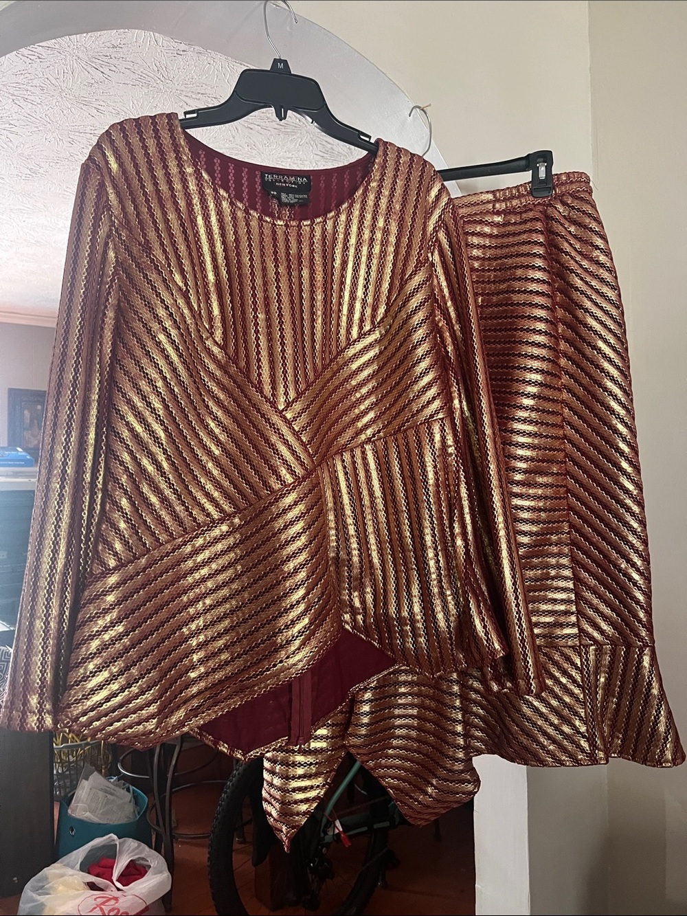 Terramina Metallic Gold and Burgundy Striped Skirt Set
